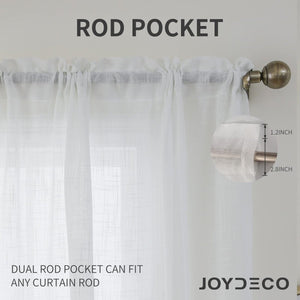 Joydeco white sheer curtains close-up showing dual rod pocket feature with 1.2" and 2.8" dimensions for universal fit.