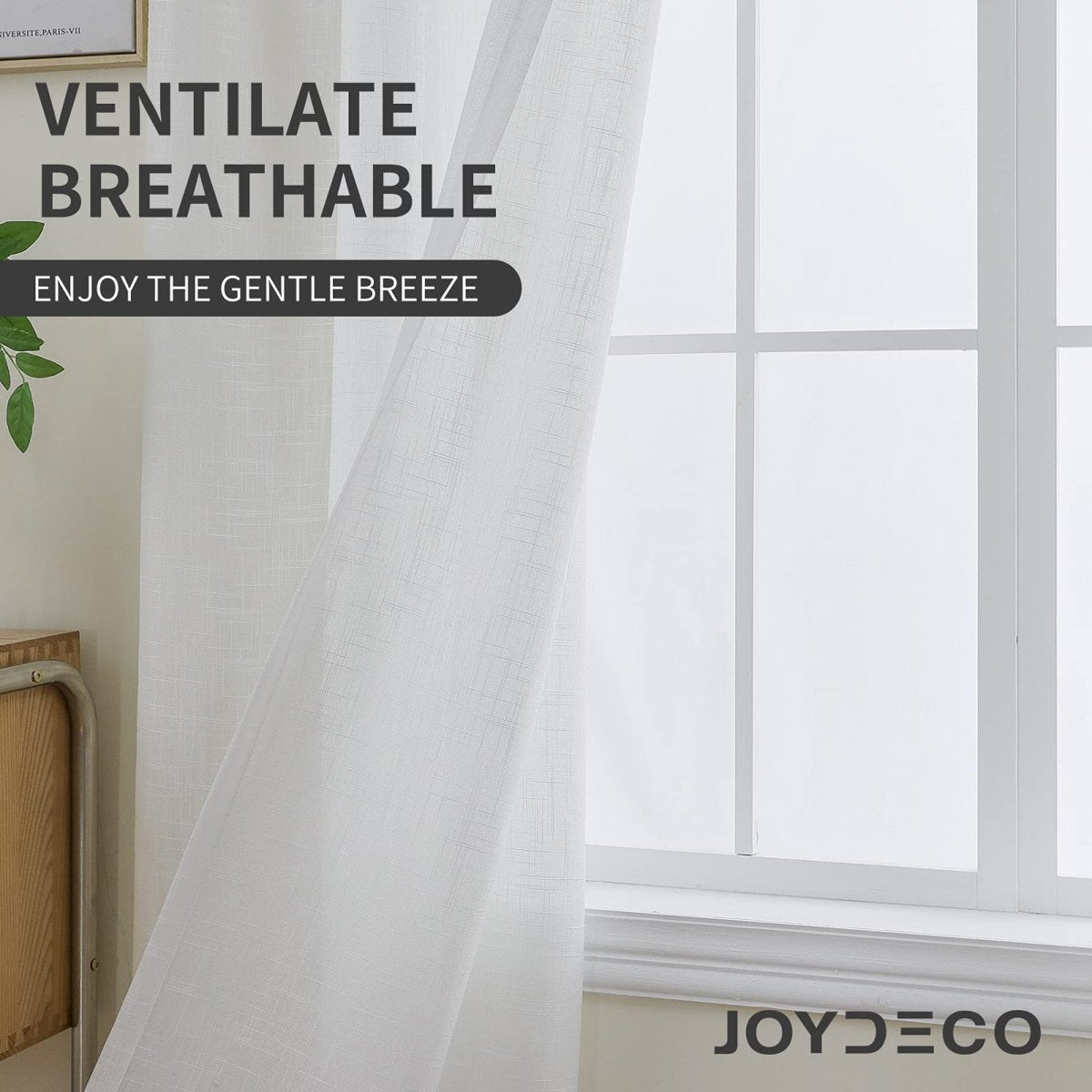 Joydeco white sheer faux linen curtains with subtle weave texture, highlighting breathability.