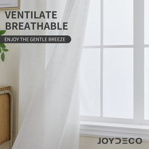 Joydeco white sheer faux linen curtains with subtle weave texture, highlighting breathability.