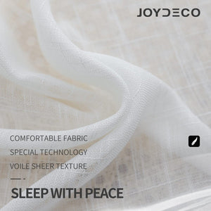 Joydeco white sheer curtains close-up: faux linen texture, subtle diamond embroidery. Comfortable voile fabric.