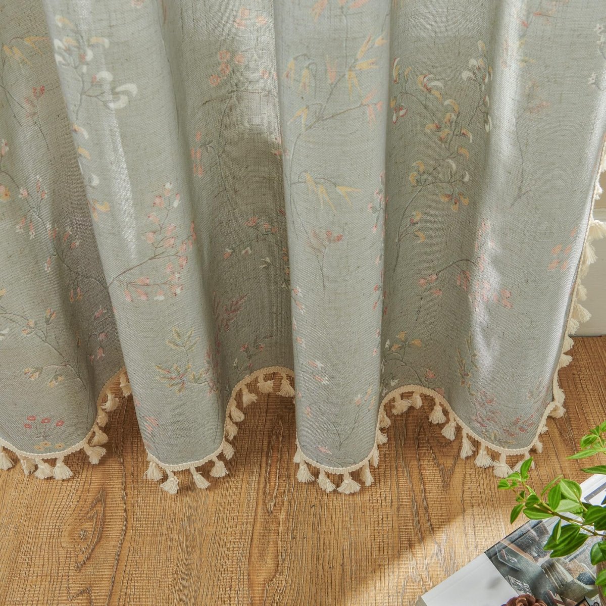 Joydeco Floral Patterned Beige Linen Sheer Curtains with Tassel Trim and Embroidery - 2 Panels