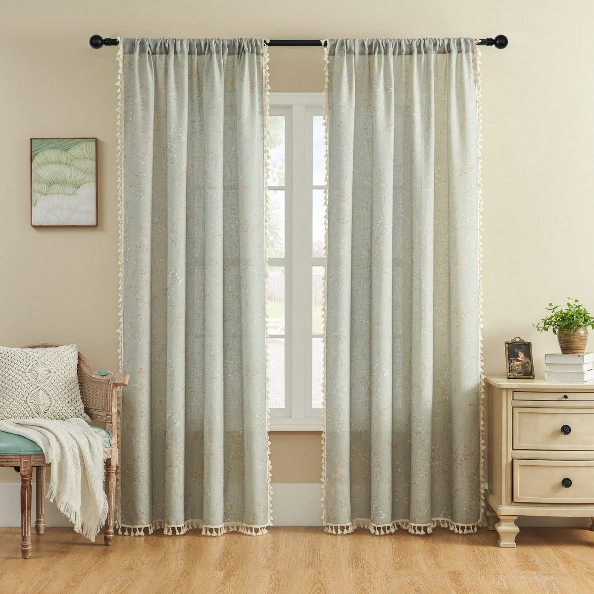 Joydeco Floral Patterned Beige Linen Sheer Curtains with Tassel Trim and Embroidery - 2 Panels
