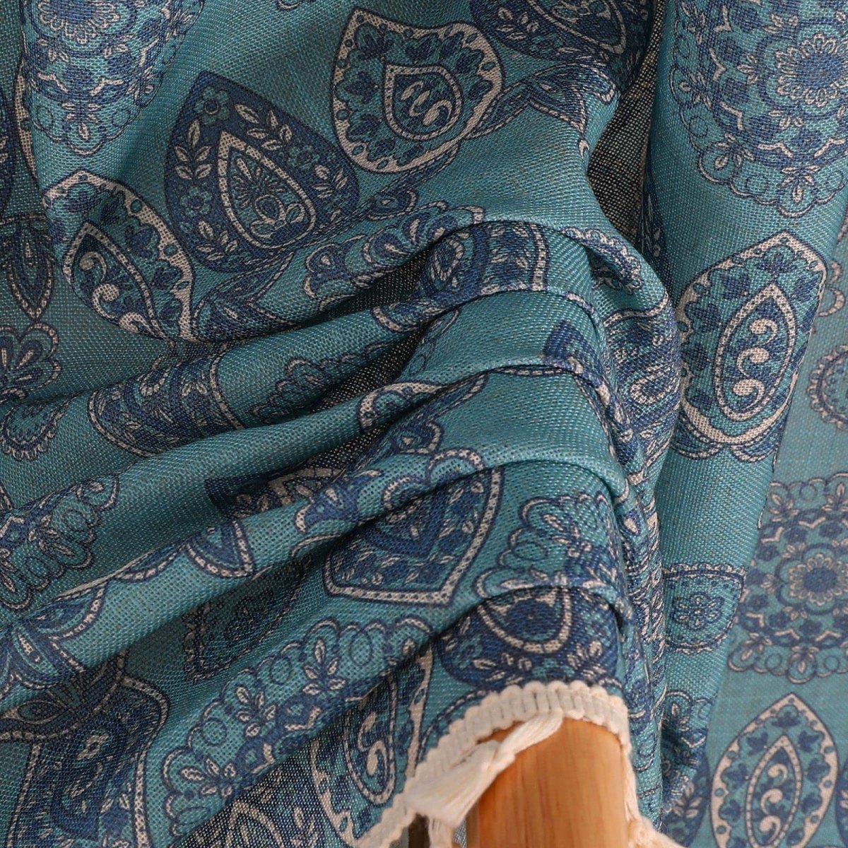 Teal Joydeco bohemian curtains with blue paisley & medallion patterns, woven texture, cream tassel trim.