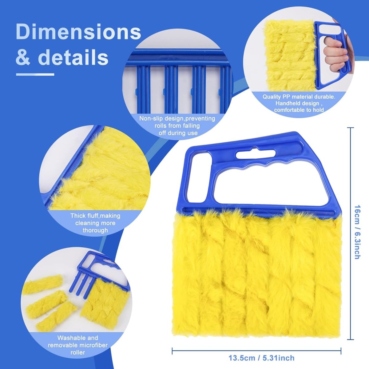 Joydeco handheld blinds cleaner with blue handle & yellow rollers. Non-slip grip, washable. 13.5cm x 16cm.