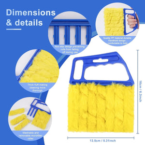 Joydeco handheld blinds cleaner with blue handle & yellow rollers. Non-slip grip, washable. 13.5cm x 16cm.