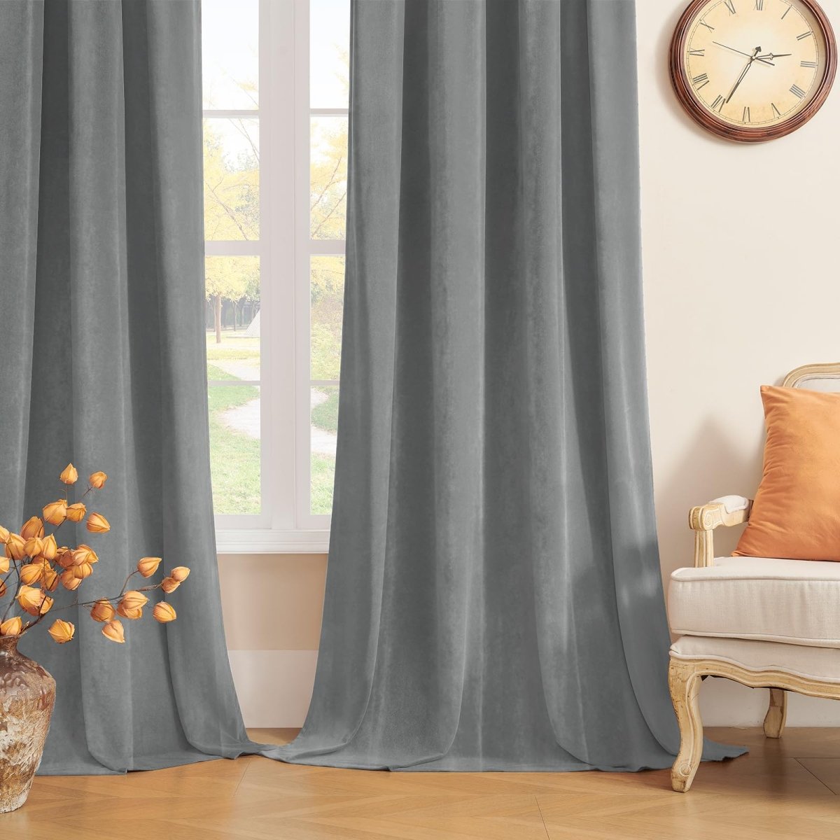 Joydeco Luxury Grey Velvet Blackout Curtains - 2 Panels, Thermal Insulated, Rod Pocket, Super Soft