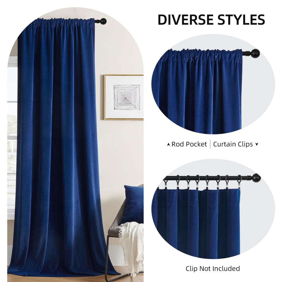 Royal blue velvet curtains: rod pocket and clip installation shown for decor and room darkening.