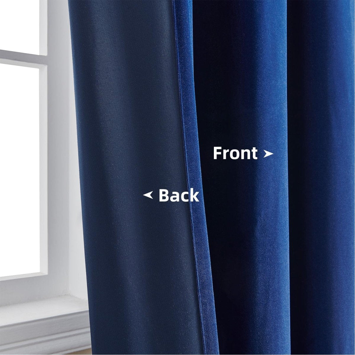 Royal blue velvet blackout curtain front and back construction detail, showing thermal lining for room darkening.