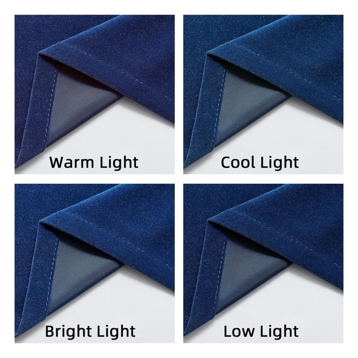 Royal blue velvet blackout curtains: texture and appearance under warm, cool, bright, and low light.