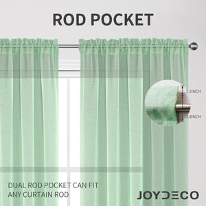 Joydeco mint green sheer curtains with dual rod pocket for 1.2" and 2.8" rods.
