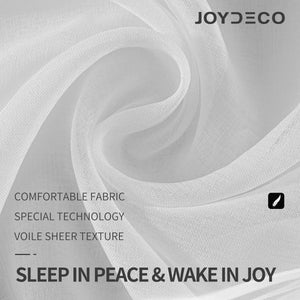 Joydeco off white sheer curtain fabric close-up, faux linen weave, soft folds, highlighting quality and comfort.