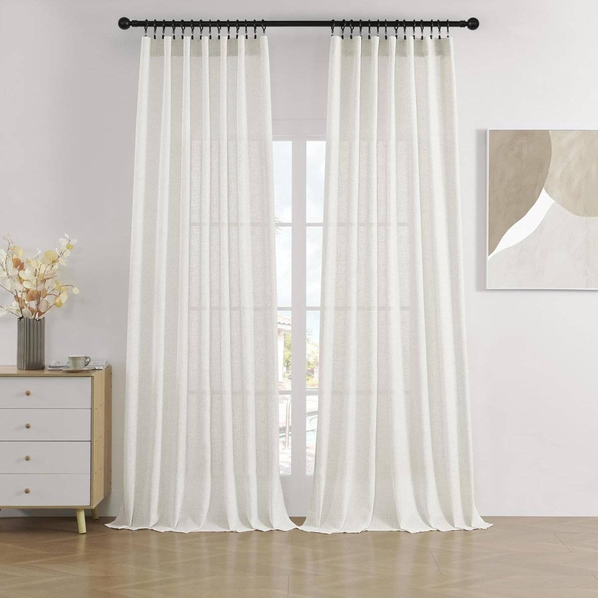 Joydeco Semi-Sheer Linen Curtains - 2 Panels, White Pinch Pleated Curtains & Drapes