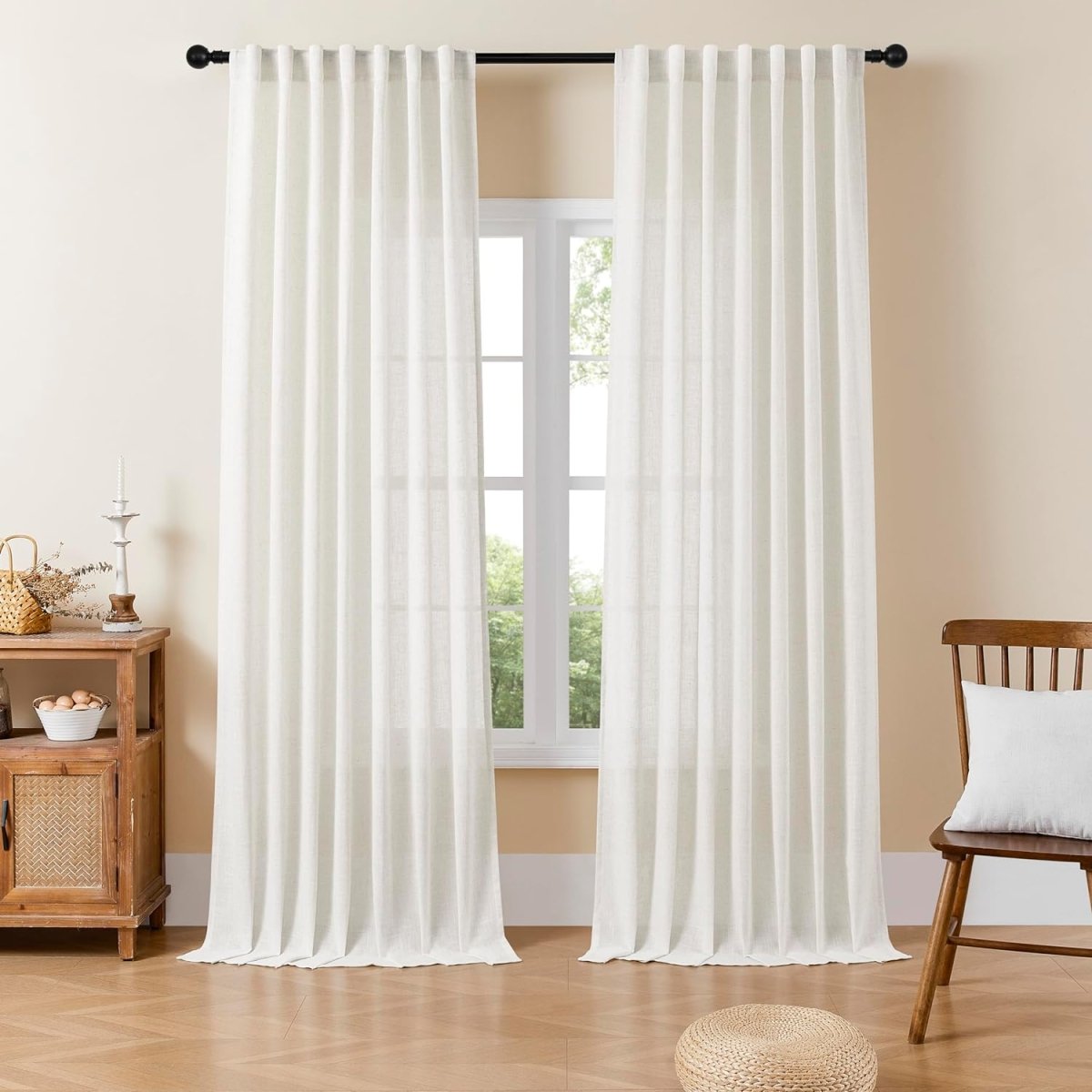 Joydeco Semi-Sheer Linen Curtains - 2 Panels, White Pinch Pleated Curtains & Drapes