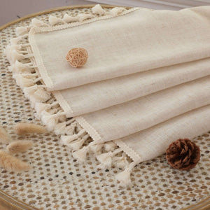 Joydeco beige linen boho curtains, stacked view showcasing natural texture and delicate tassel trim detail.