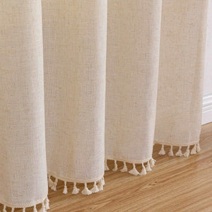 Joydeco Solid Beige Boho Curtains with Tassel Trim and Embroidery - 2 Drapes