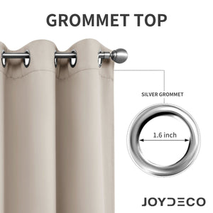 Joydeco beige textured blackout curtain close-up showing silver grommet top, 1.6 inch diameter.
