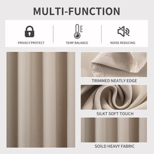 Joydeco beige blackout curtains: privacy protect, temp balance, noise reducing. Close up of silk soft touch and heavy fabric.