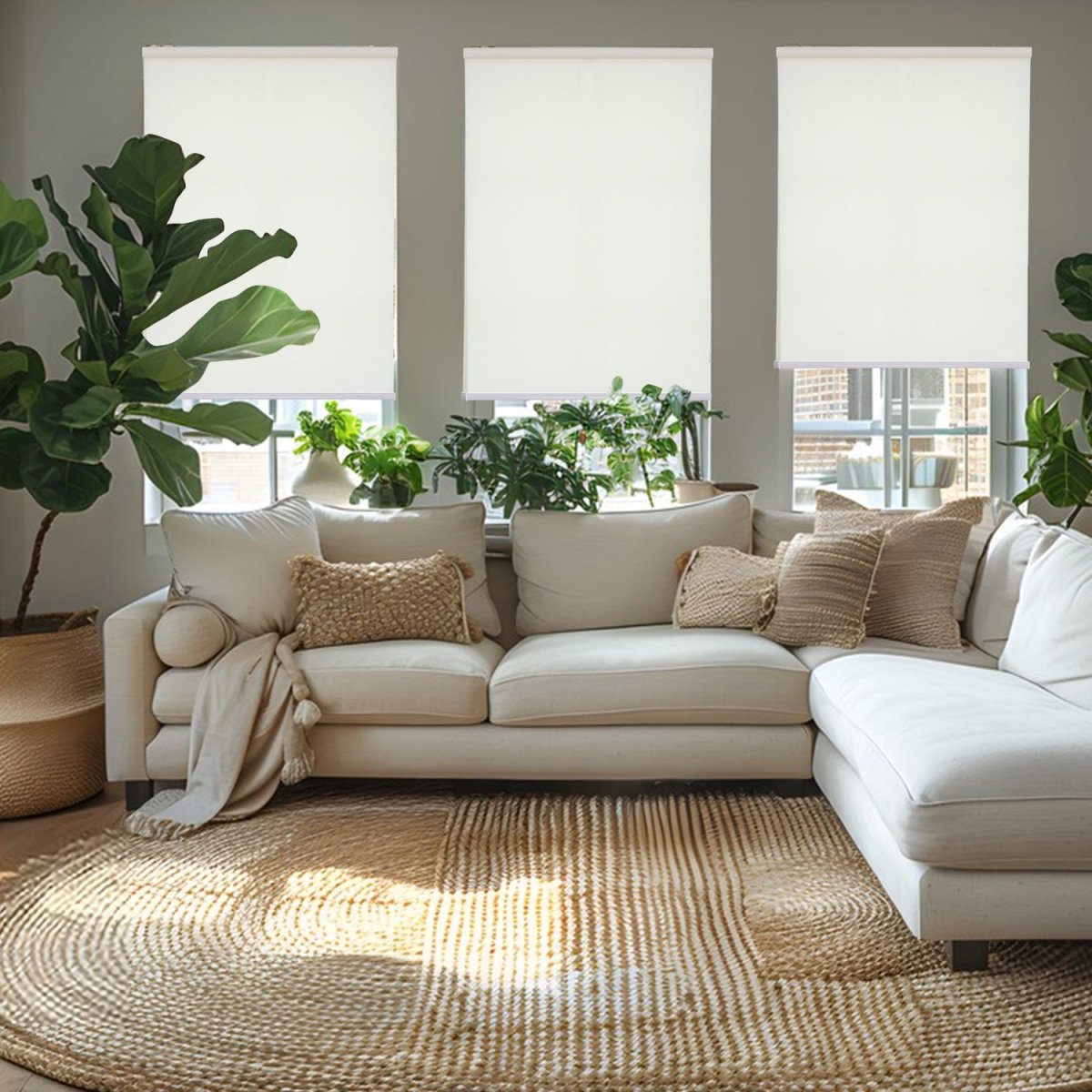 Joydeco cream custom cordless blackout solar shades with woven texture and aluminum bottom rod in a modern living room.