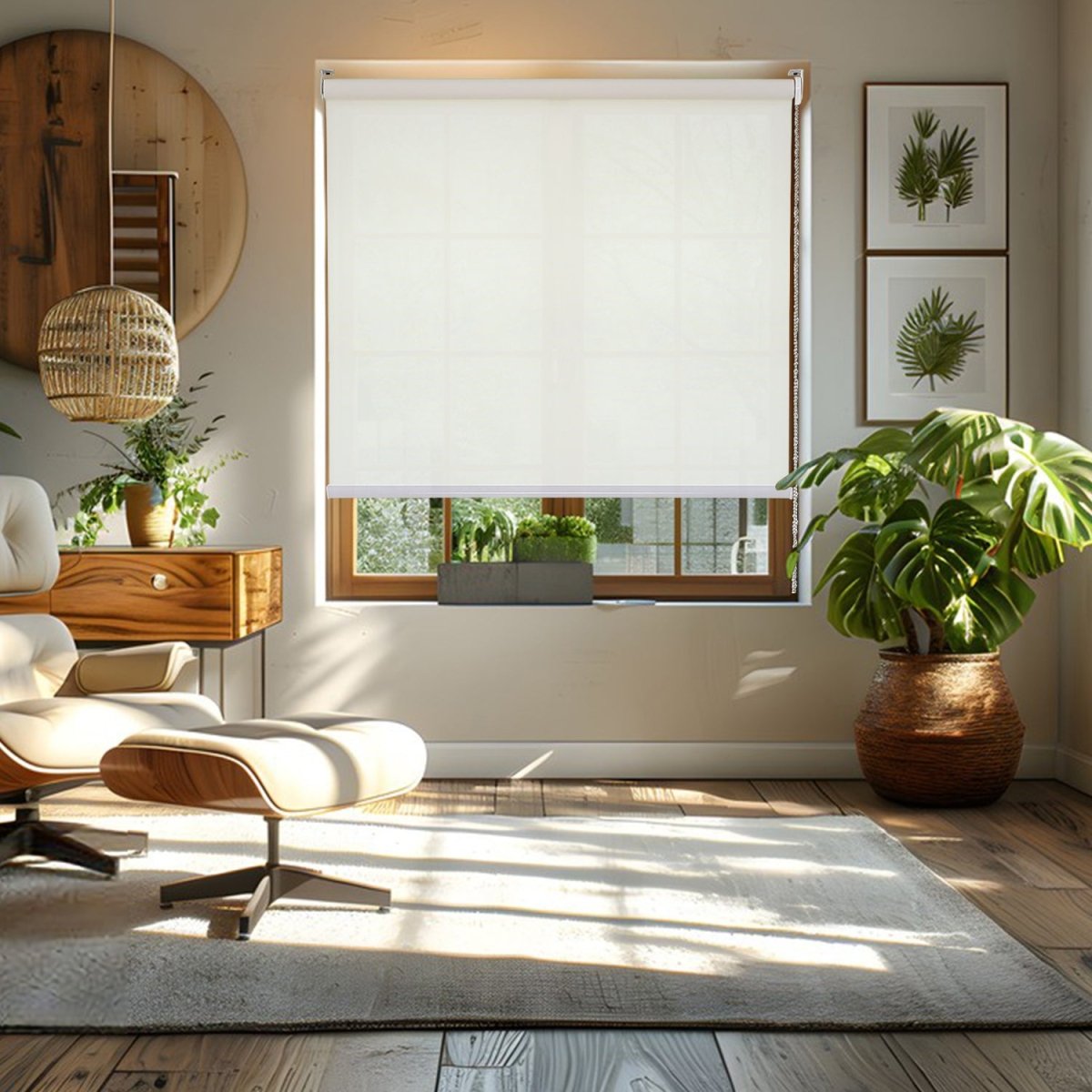 Joydeco white cordless solar shade with striped jacquard texture and aluminum bottom rod installed in a modern living room.