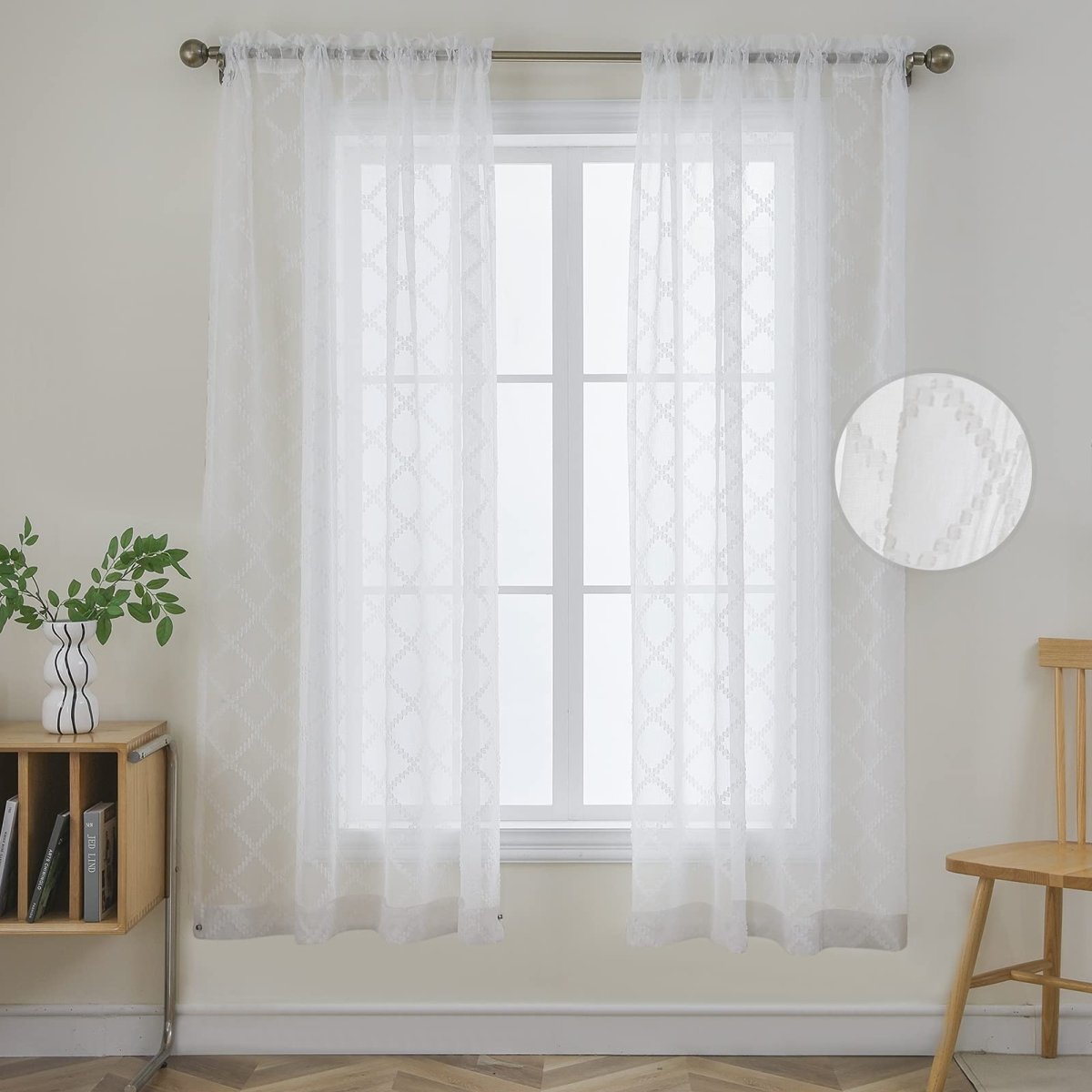 Joydeco Trellis Embroidery-white Sheer Curtains - 2 Panels, Rod Pocket