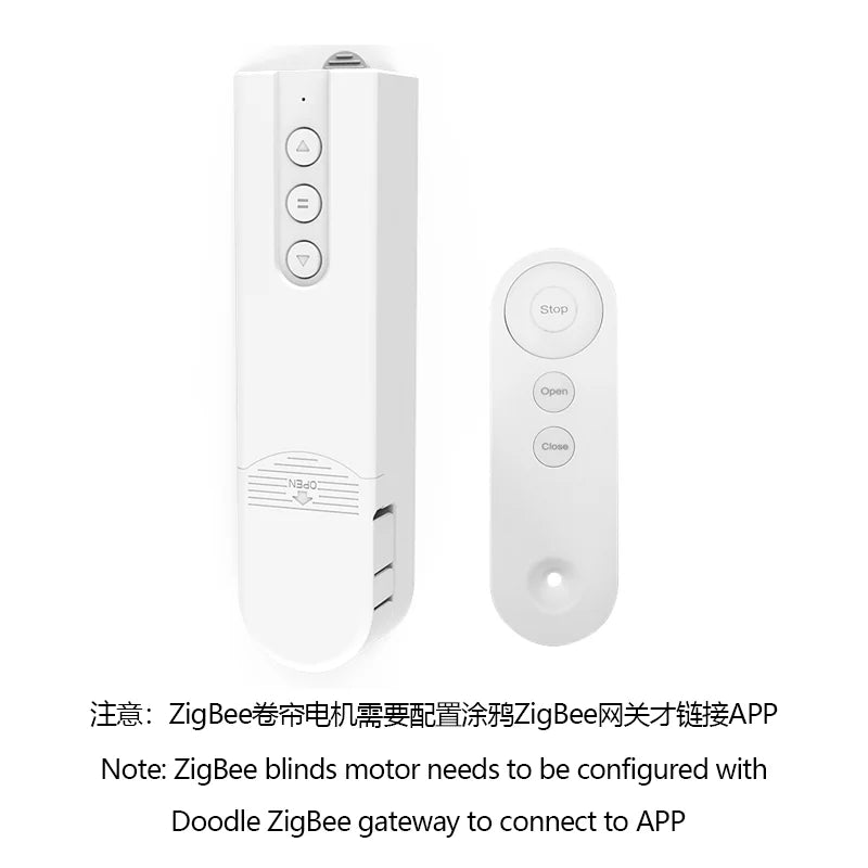 Joydeco Tuya WiFi smart motorized roller blind motor and remote control with open, stop, close buttons.