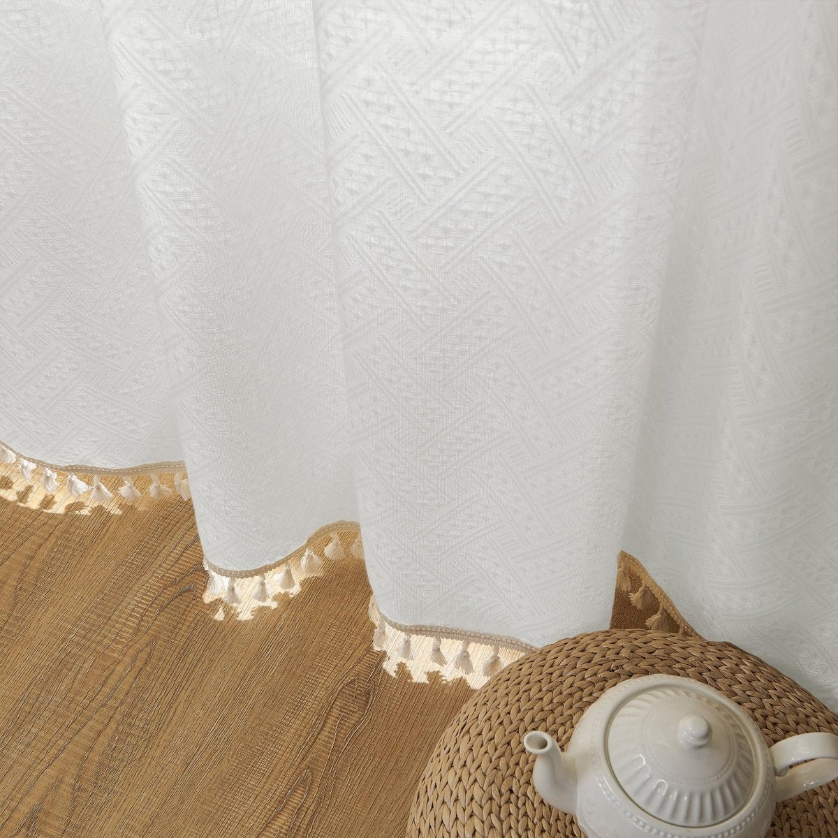 Joydeco White Boho Curtains Country Rustic Linen Sheer Curtains - 2 Panels