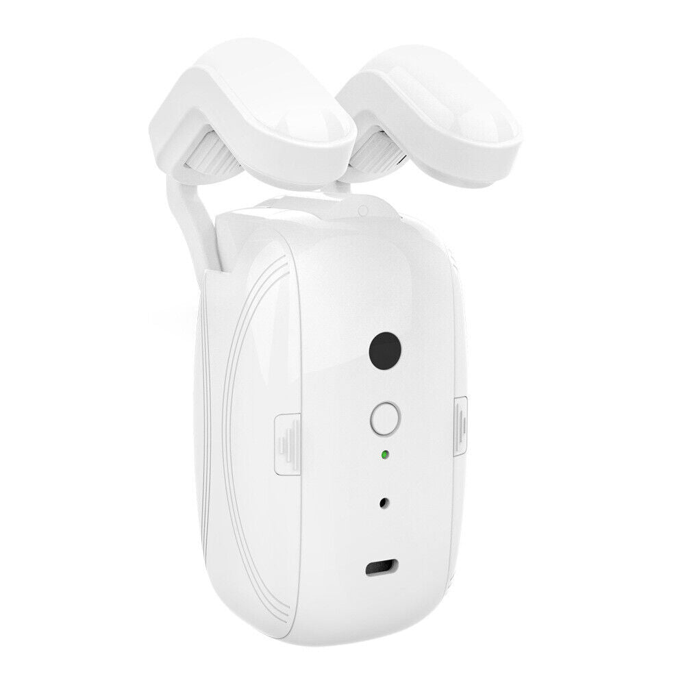 White smart curtain opener with dual arms, temperature & light sensor, voice control for Roman rods.