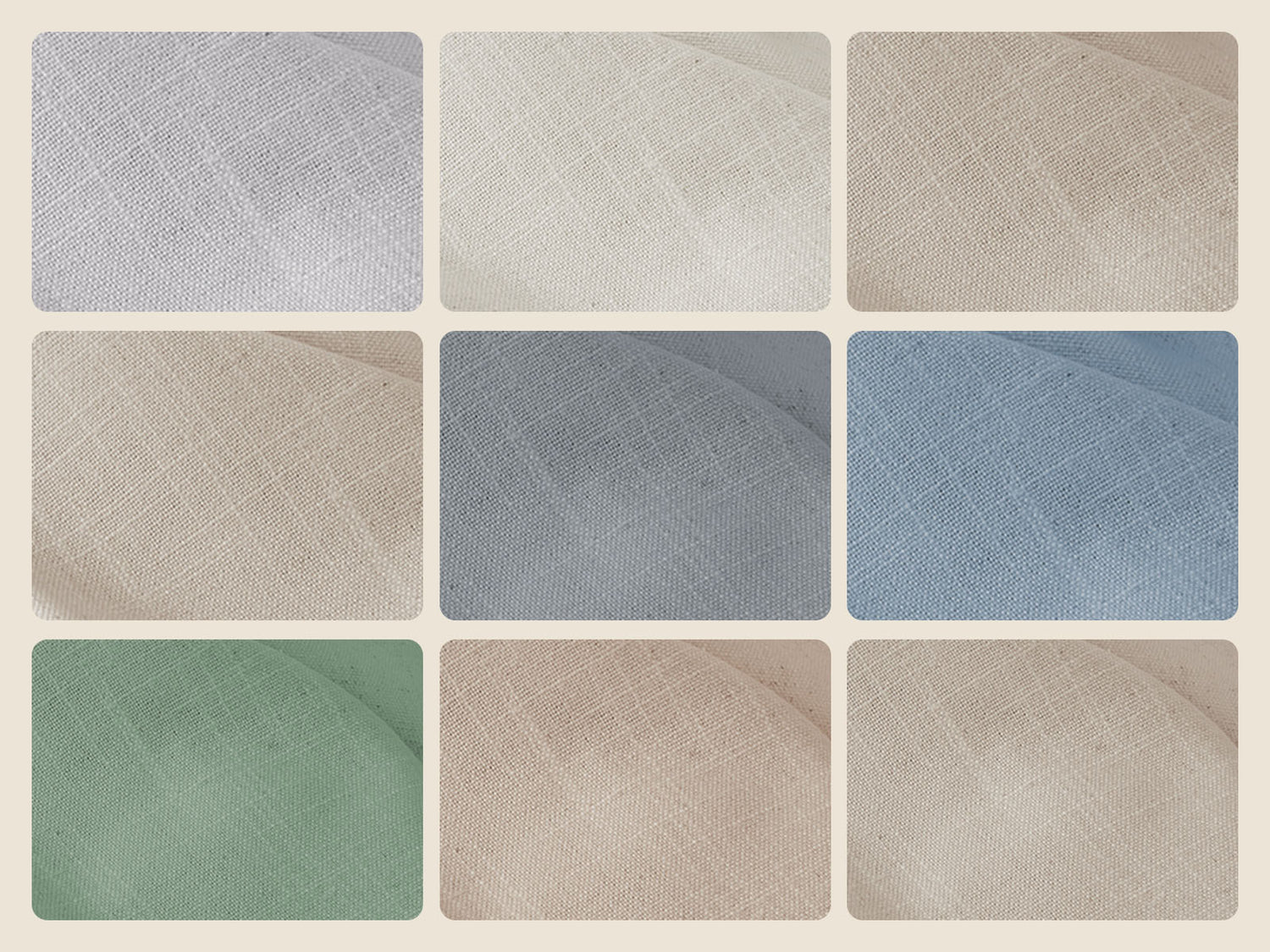 Joydeco curtain fabric swatches in various neutral and pastel linen textures: white, beige, light gray, blue, and green.