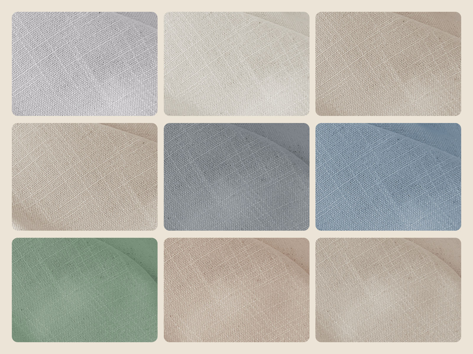 Joydeco curtain fabric swatches in various neutral and pastel linen textures: white, beige, light gray, blue, and green.