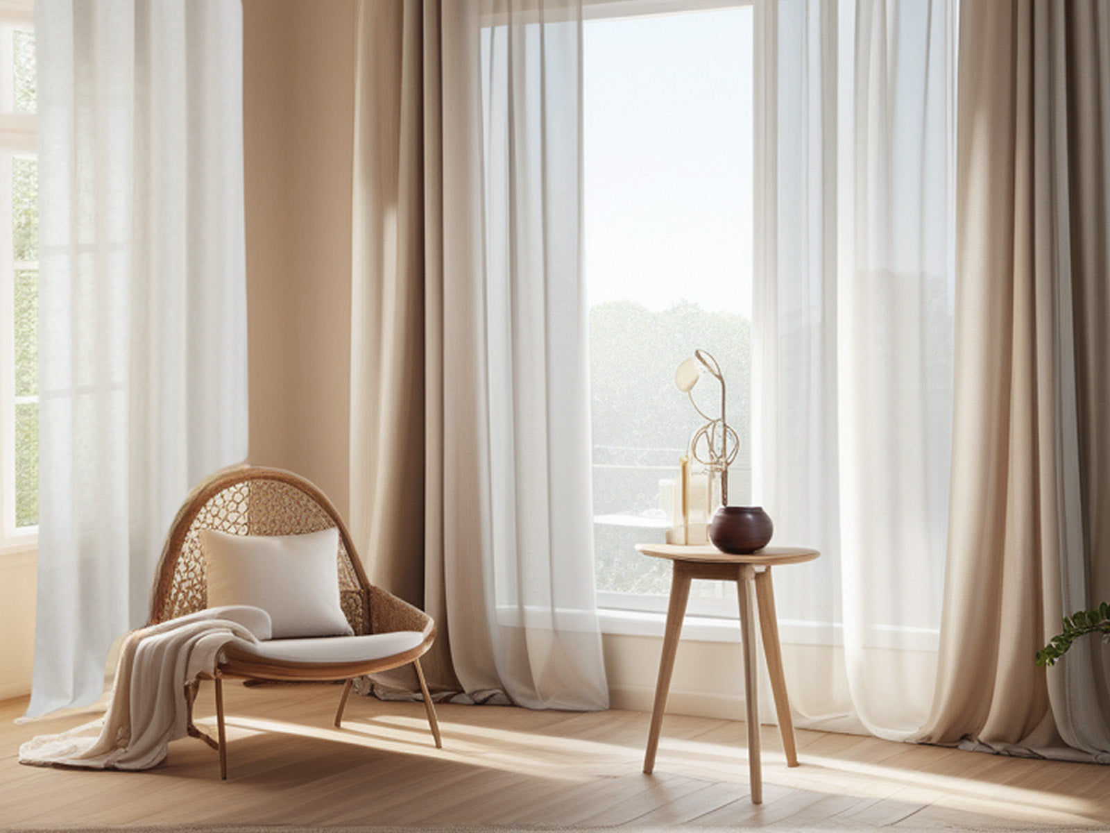 Joydeco sheer and blackout layered curtains in a neutral-toned reading nook with rattan chair.
