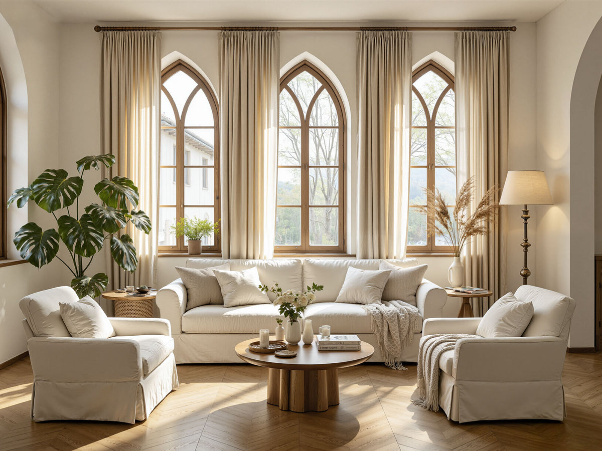 Oatmeal linen curtains dressing arched windows in a bright living room, filtering soft natural light over neutral sofas and indoor plants.