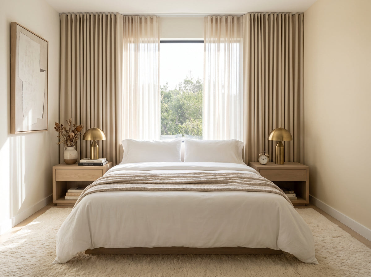 Neutral bedroom with beige pleated curtains, sheer panels, wooden nightstands, and soft natural light