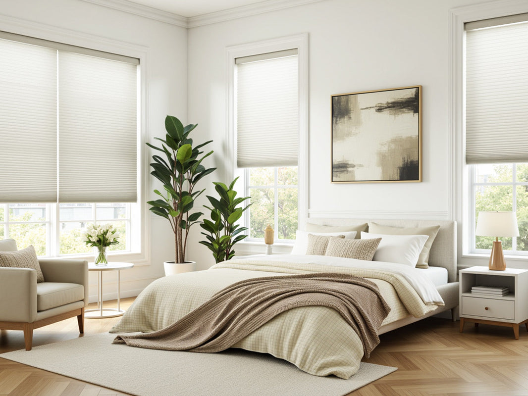 Bright, neutral bedroom with multiple windows covered by light filtering cellular shades and a large plant.