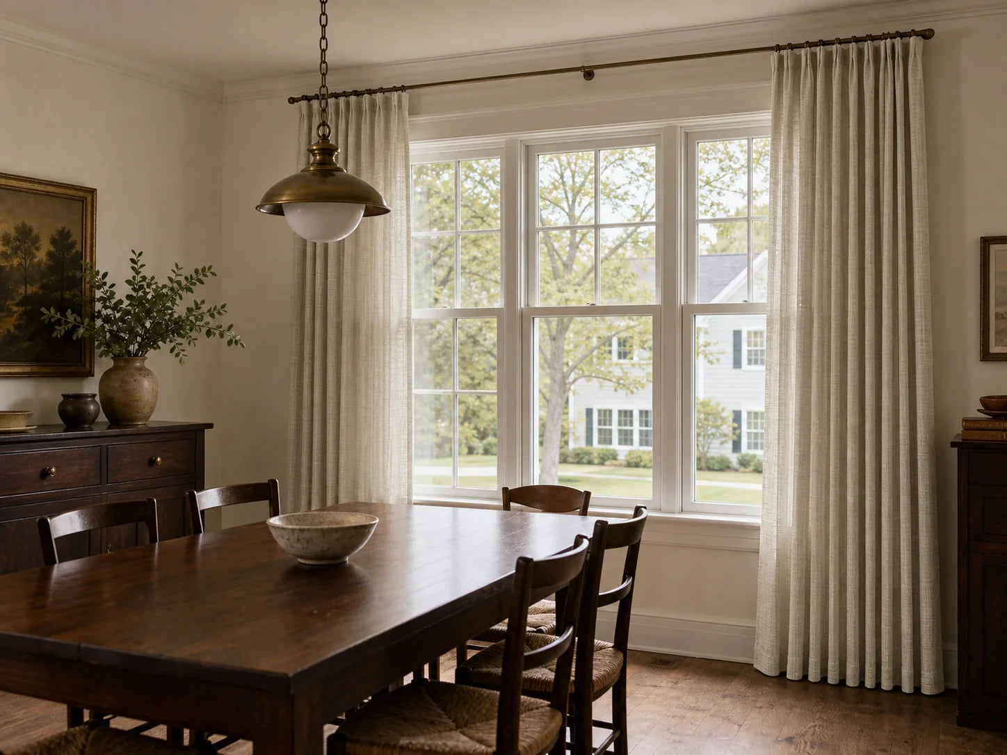 Joydeco light beige curtains brightening a dining room with dark wood furniture.