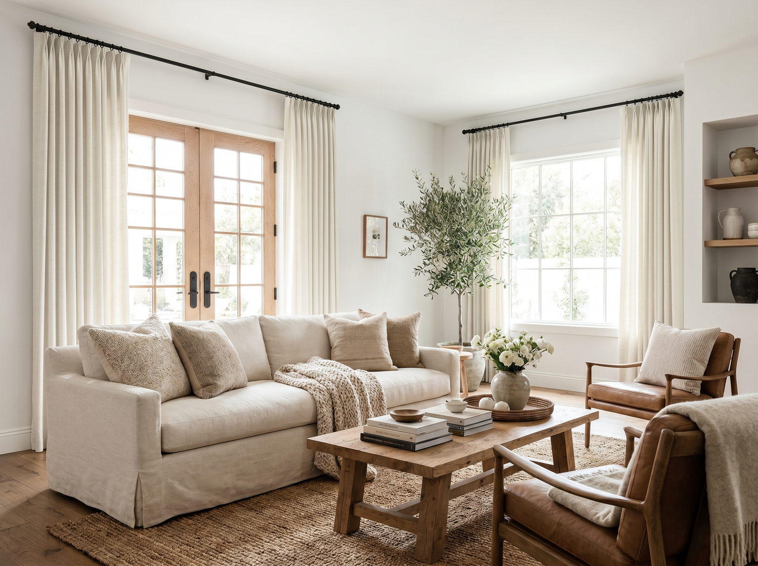 Joydeco cream curtains hung high and wide to make a living room window look bigger