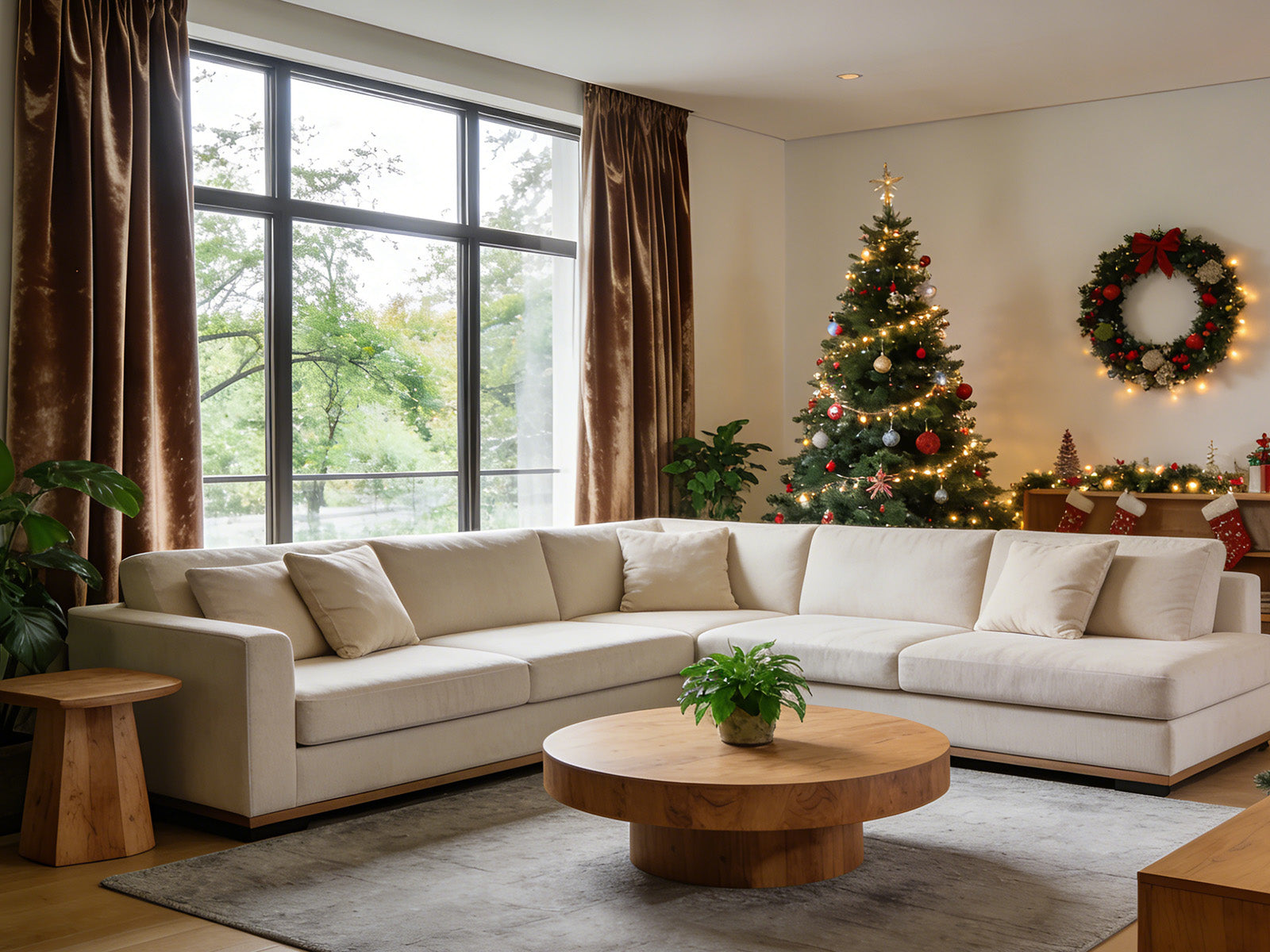 A cozy living room with a white sectional sofa, brown velvet curtains, a wooden coffee table, and a decorated Christmas tree with lights and ornaments.