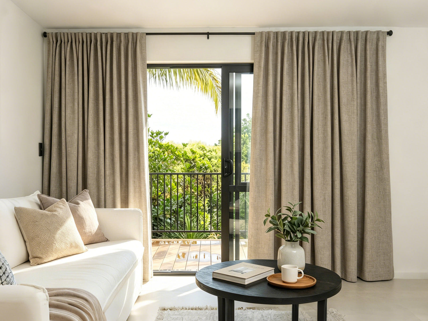 Joydeco beige linen curtains on black rod in a modern living room with gray walls.
