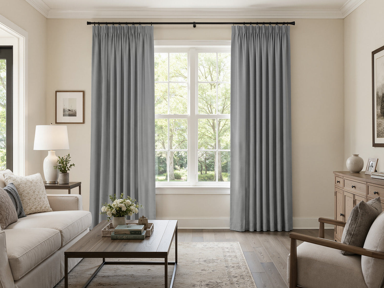 Grey pleated blackout curtains in bright neutral‑toned modern living room interior