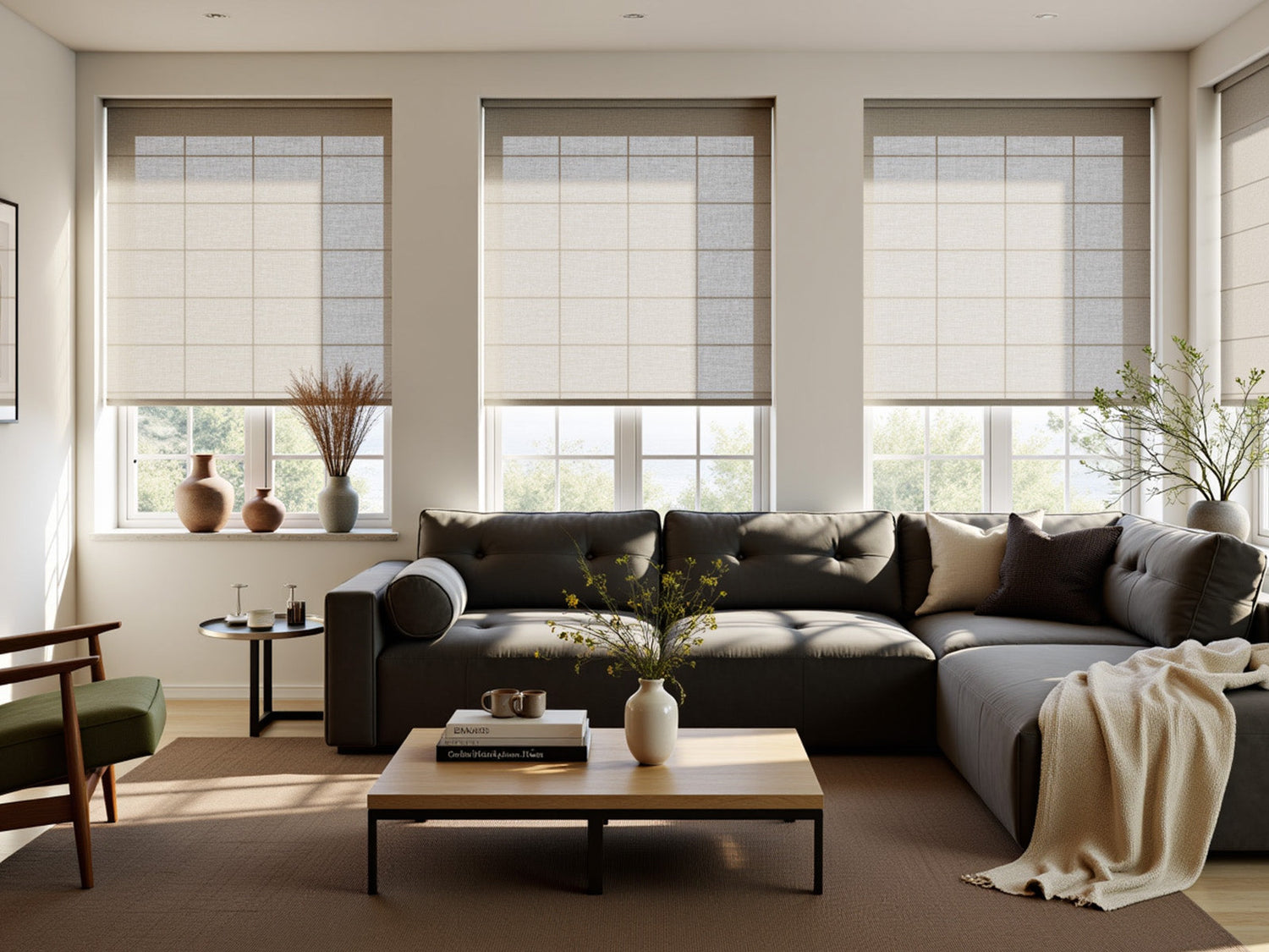 Modern living room with three large windows featuring light brown roller shades.