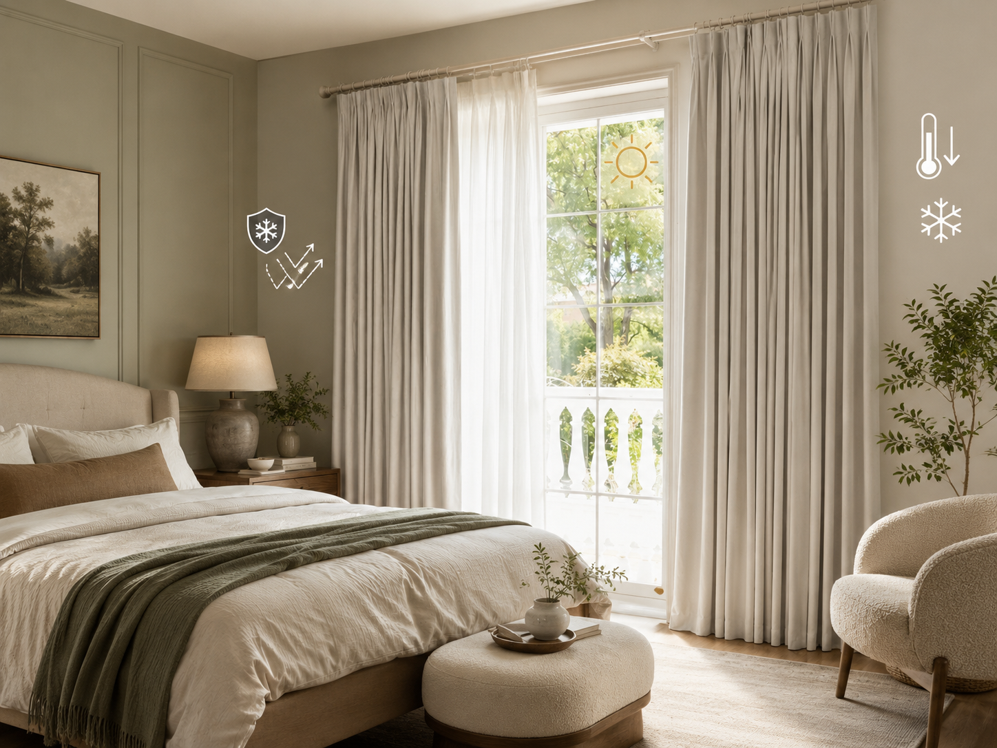 Beige blackout curtains with sheer panels in a warm bedroom showing sun, cooling, and insulation icons