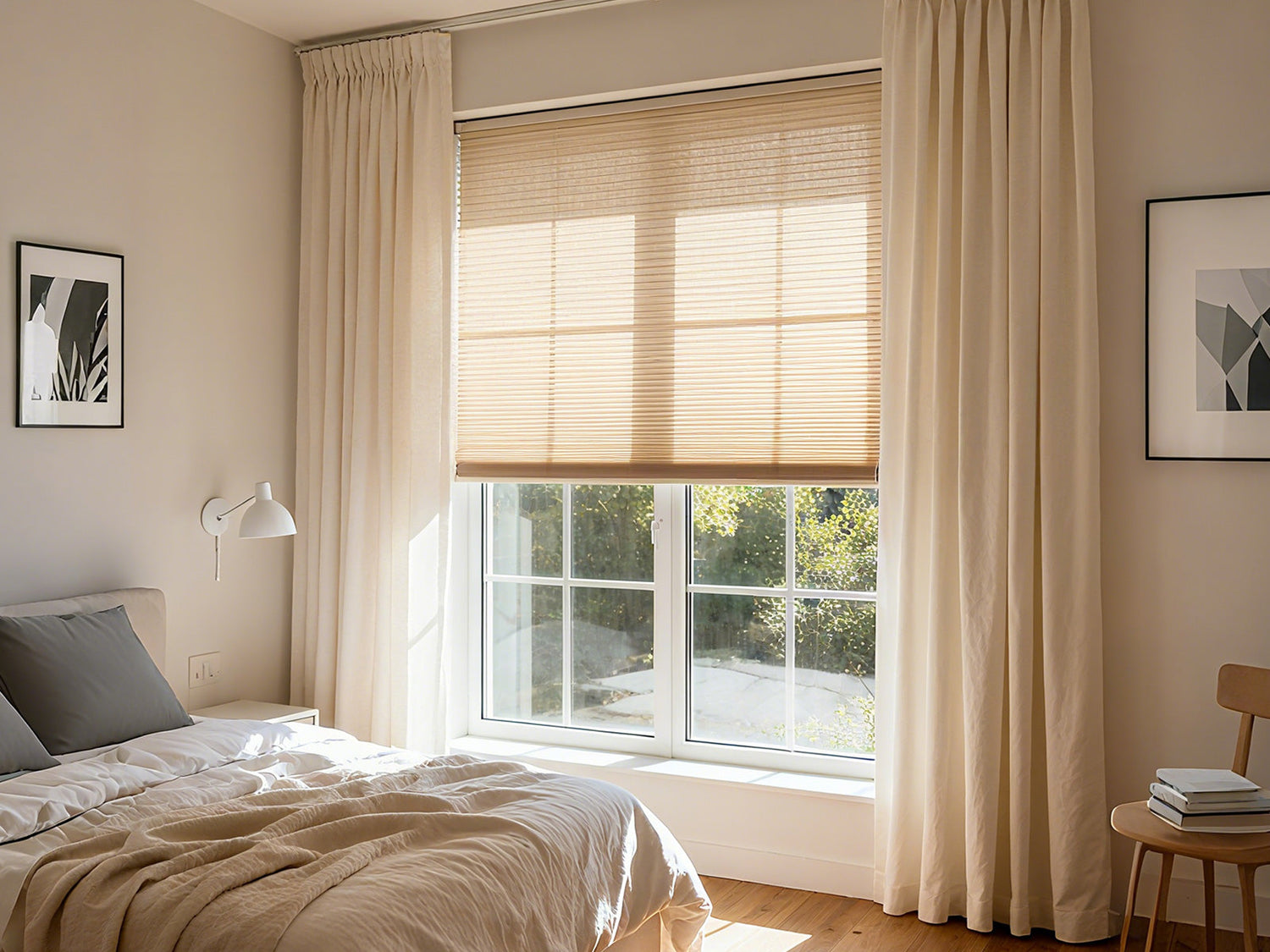 A bright bedroom with beige curtains and light brown blinds on a large window.