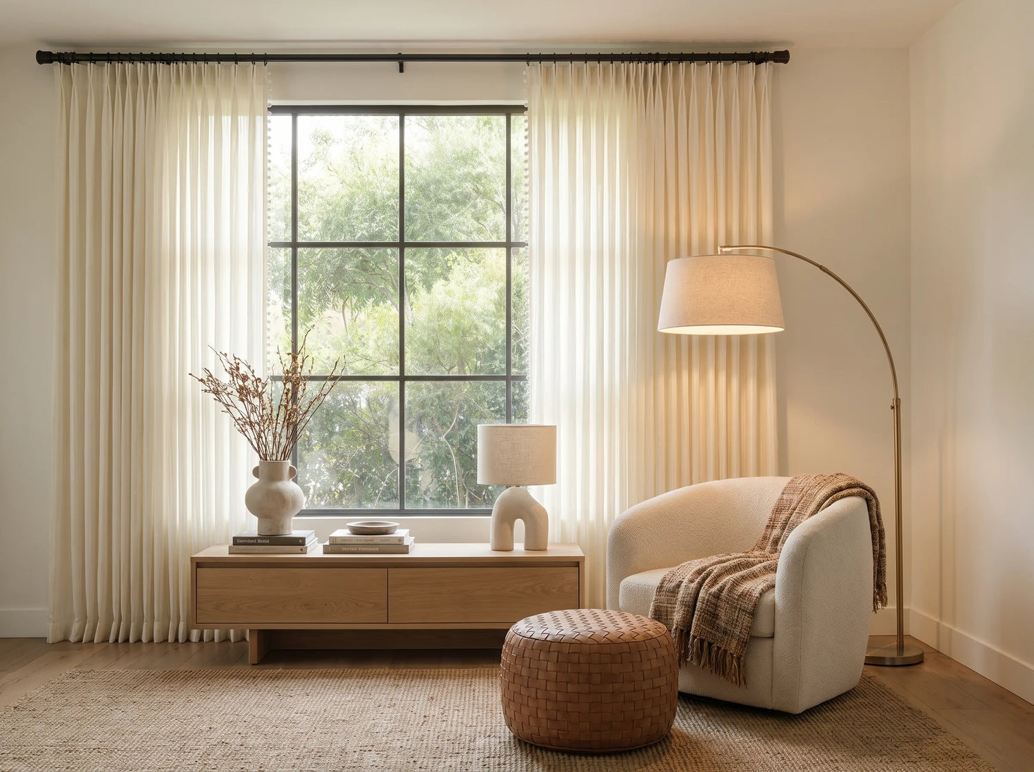 Joydeco cream sheer curtains styling a Japandi minimalist living room.