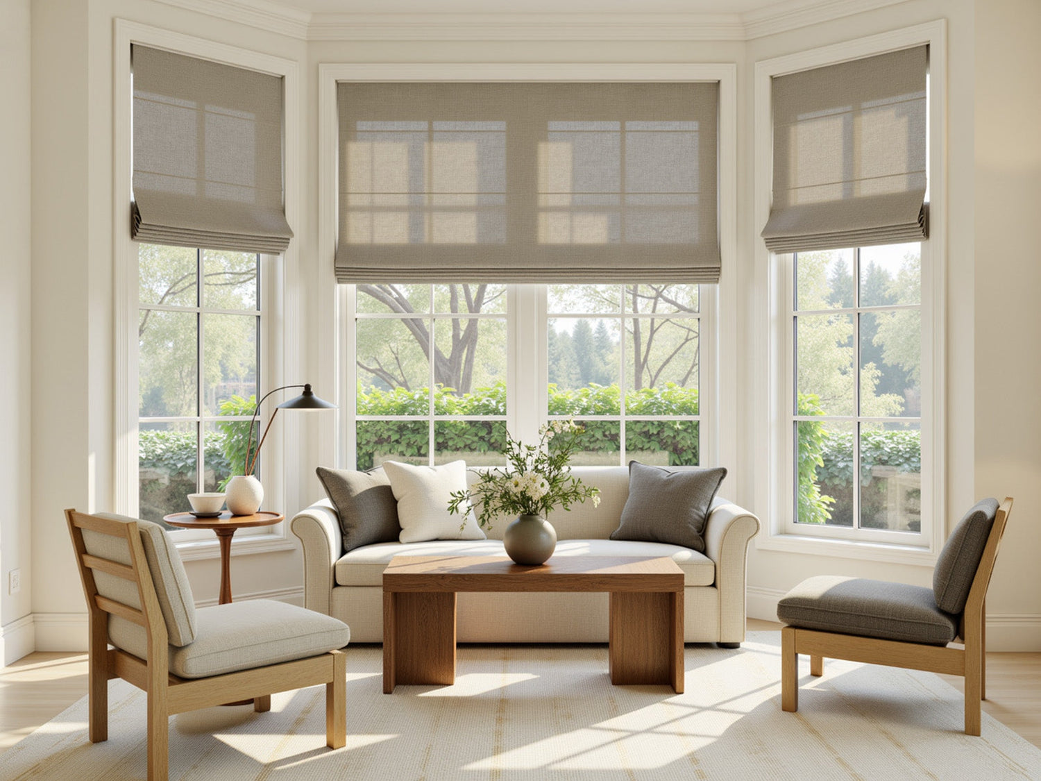 Bright living room with linen Roman shades on a large bay window.