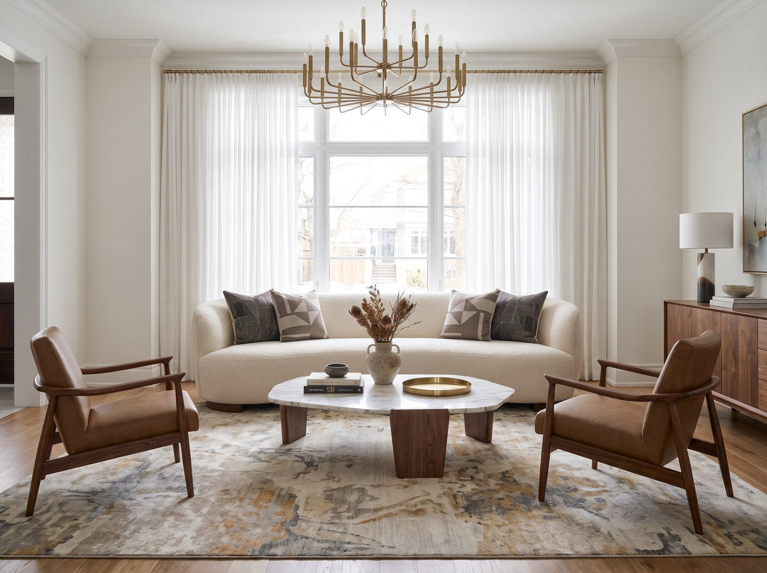 Joydeco white light filtering sheer curtains in a bright modern living room.
