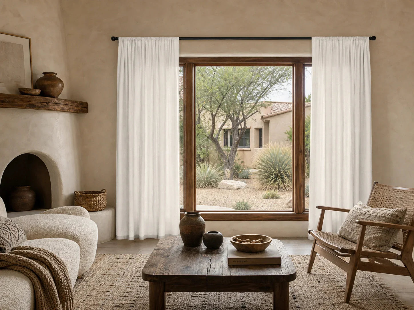Joydeco solid white curtains softening a textured room with bouclé sofa and jute rug.
