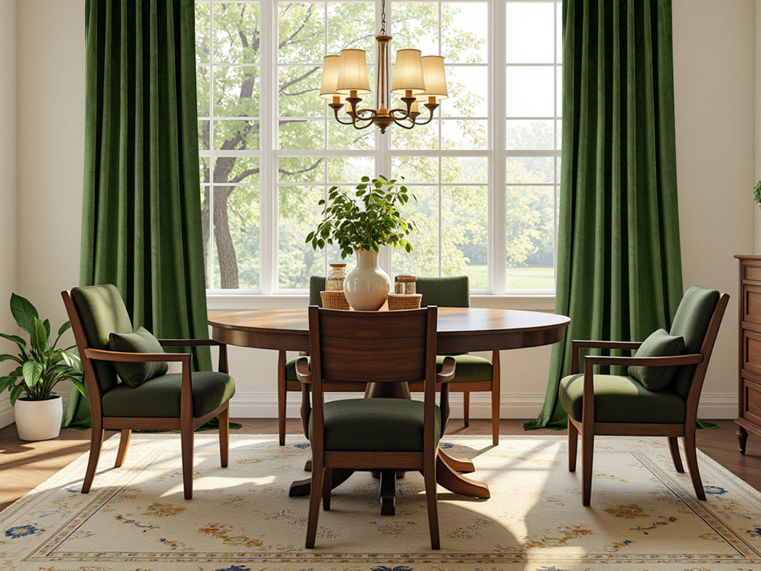 A dining room with green velvet curtains, a round wooden table, matching green chairs, and natural light from large windows.