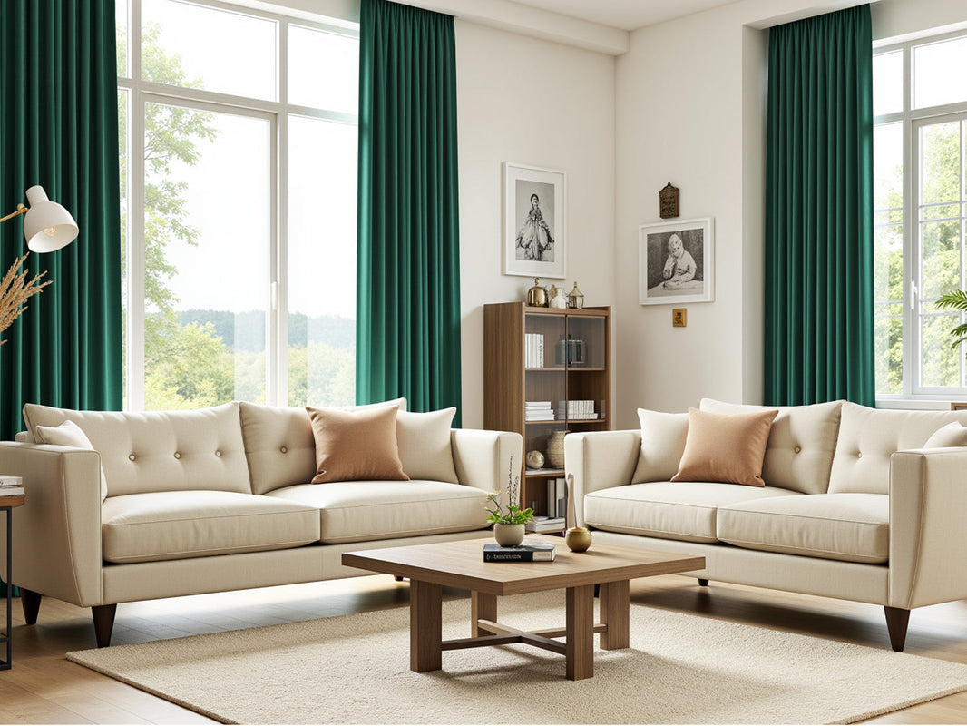 Joydeco living room featuring two beige sofas, a wood coffee table, and full-length emerald green velvet curtains.