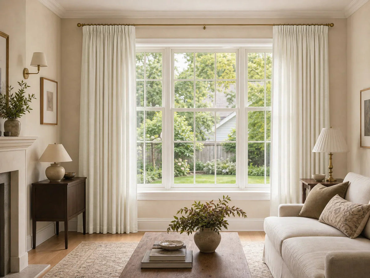 Joydeco cream curtains hung high and wide to make living room window look bigger