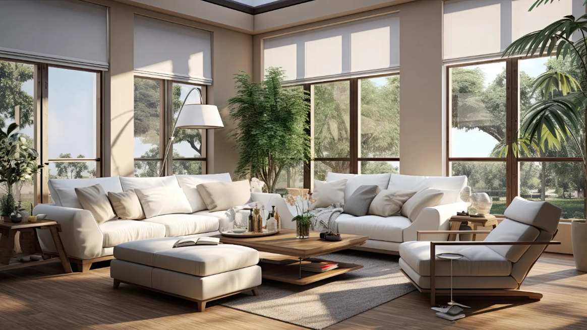 Bright sunroom with white sofas, ottoman, and sheer roller shades on tall windows.