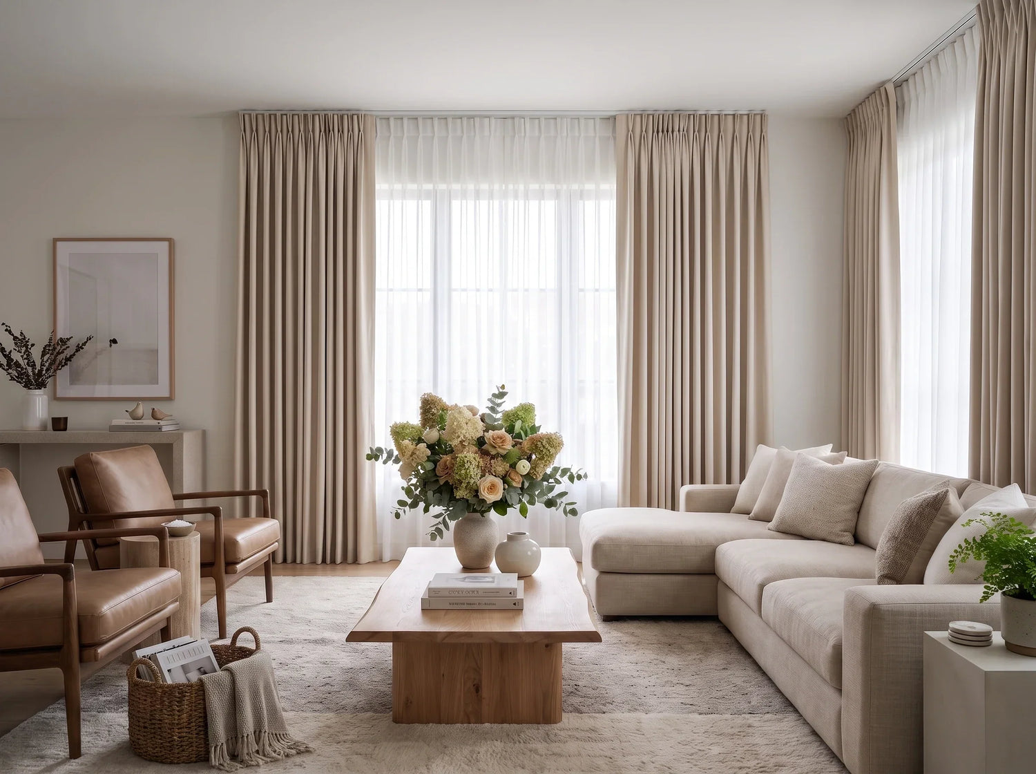 Joydeco beige custom look curtains with perfect pleats in a modern living room